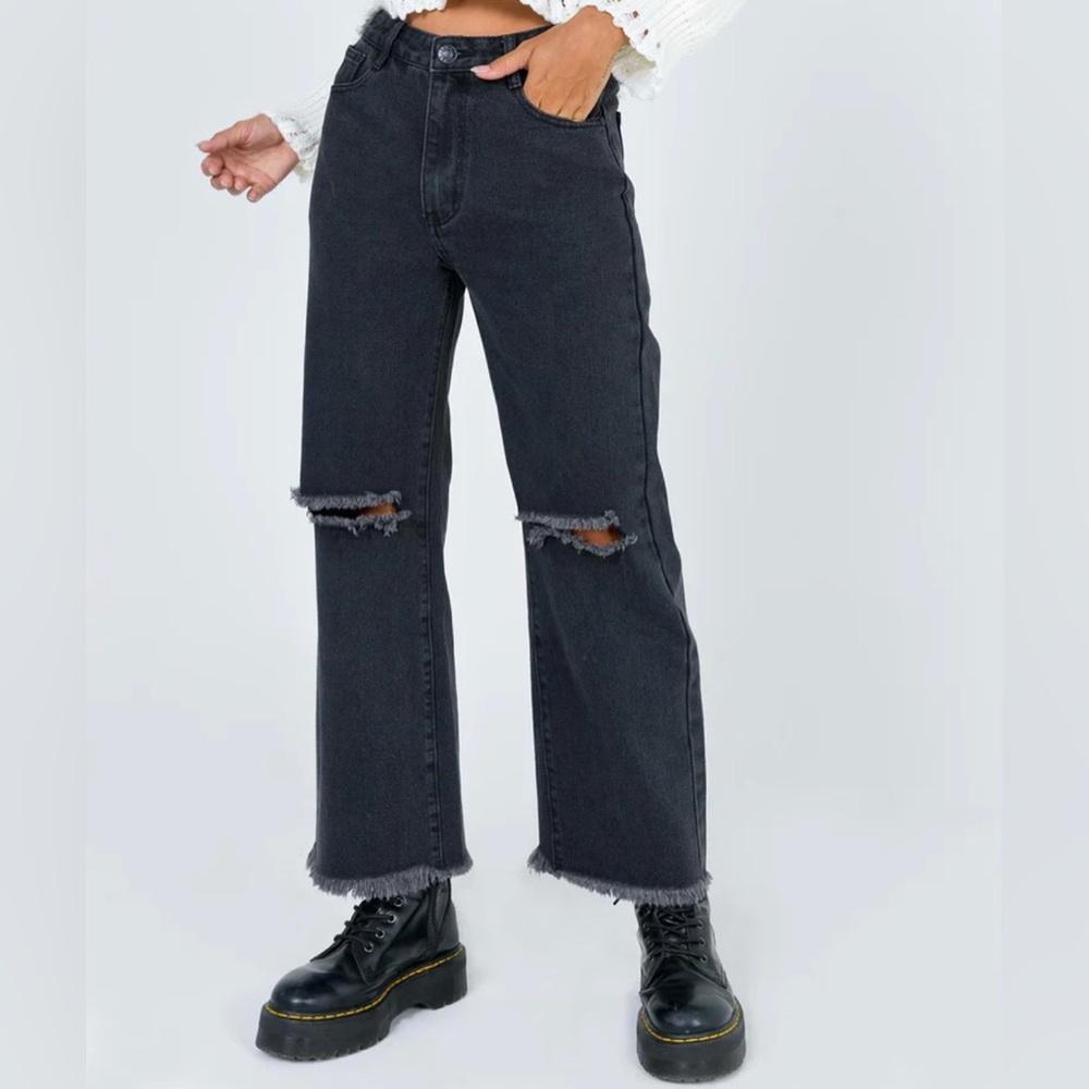 Princess Polly -  CECE HAMMER WIDE LEG KNEE RIP JEANS BLACK DENIM - Sz 0